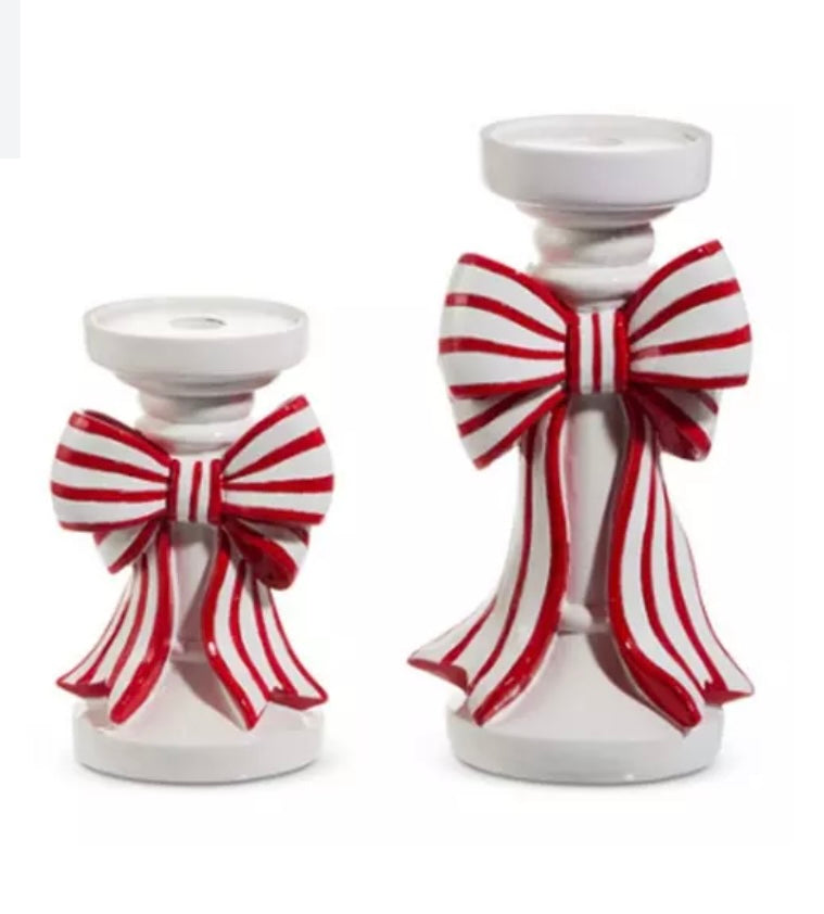 RAZ Red and White Stripe Bow Candle Holder (Set)