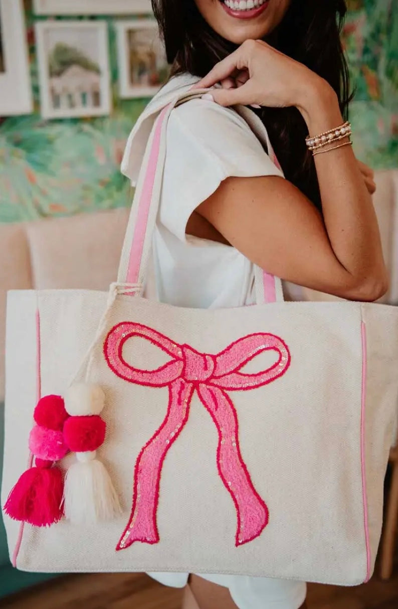 Pink Bow Sequin Tote Bag