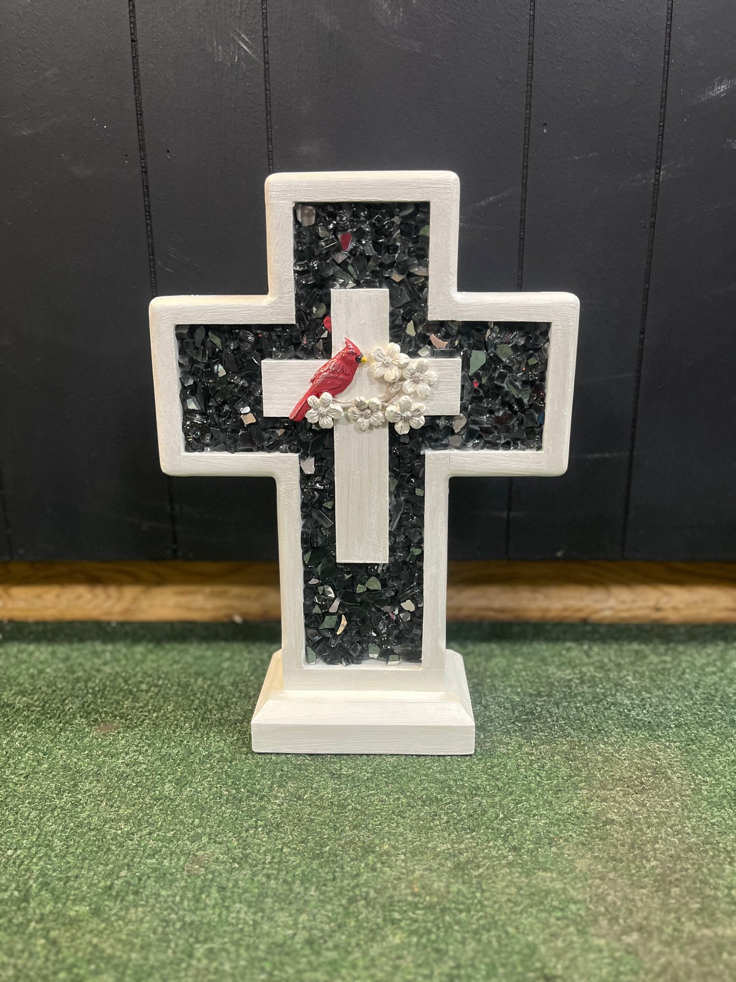 Handmade Wooden Cross- Small Black w Red Bird
