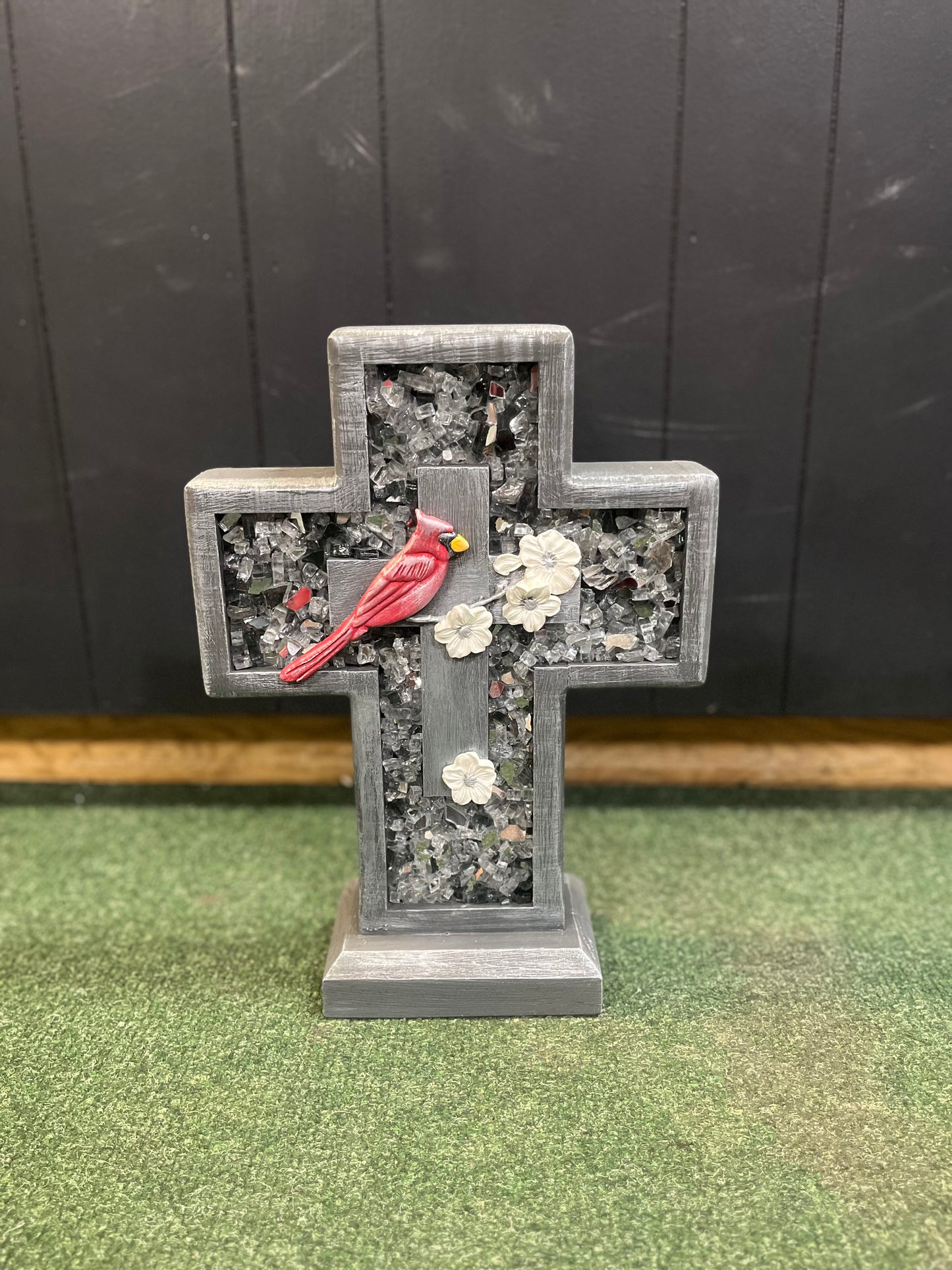 Handmade Wooden Cross- Small Gray w Red Bird