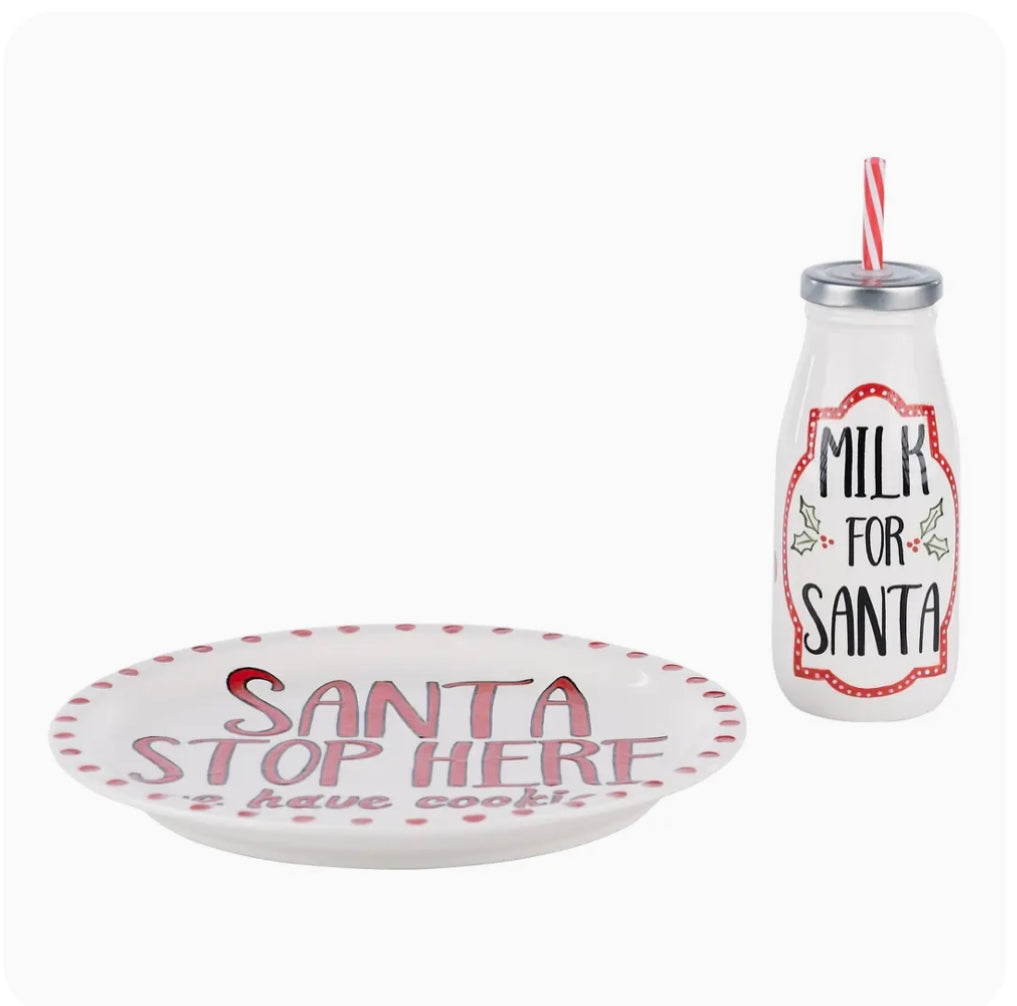 Santa Stop Here Plate and Milk Bottle