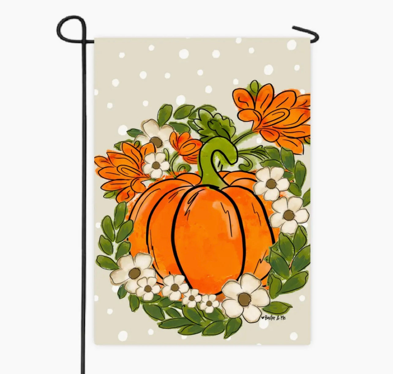 Cream Polka Dot Pumpkin with White Flowers Garden Flag
