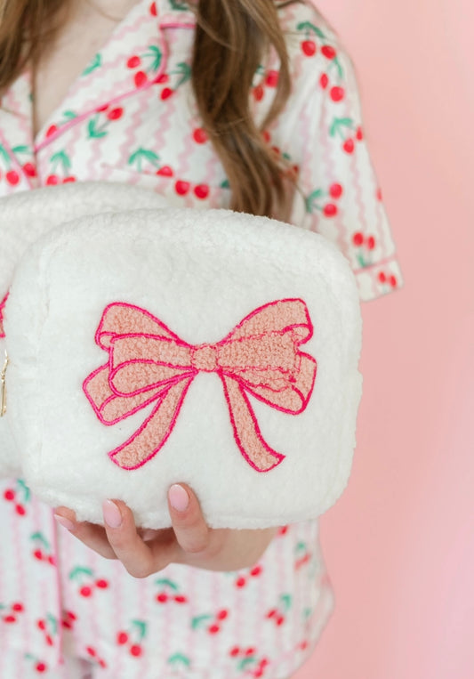 Plush Cosmetic Bag with Embroidered Pink Bow - Small