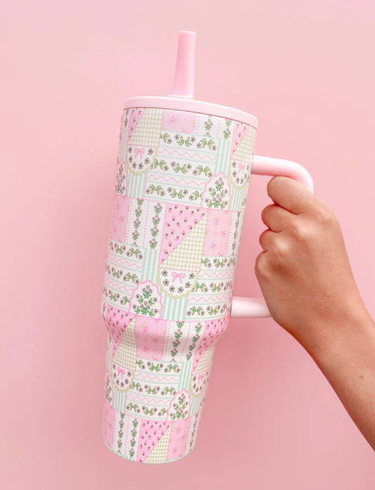Floral Patchwork 40oz Tumbler - Spill Proof Lid + Flip Straw