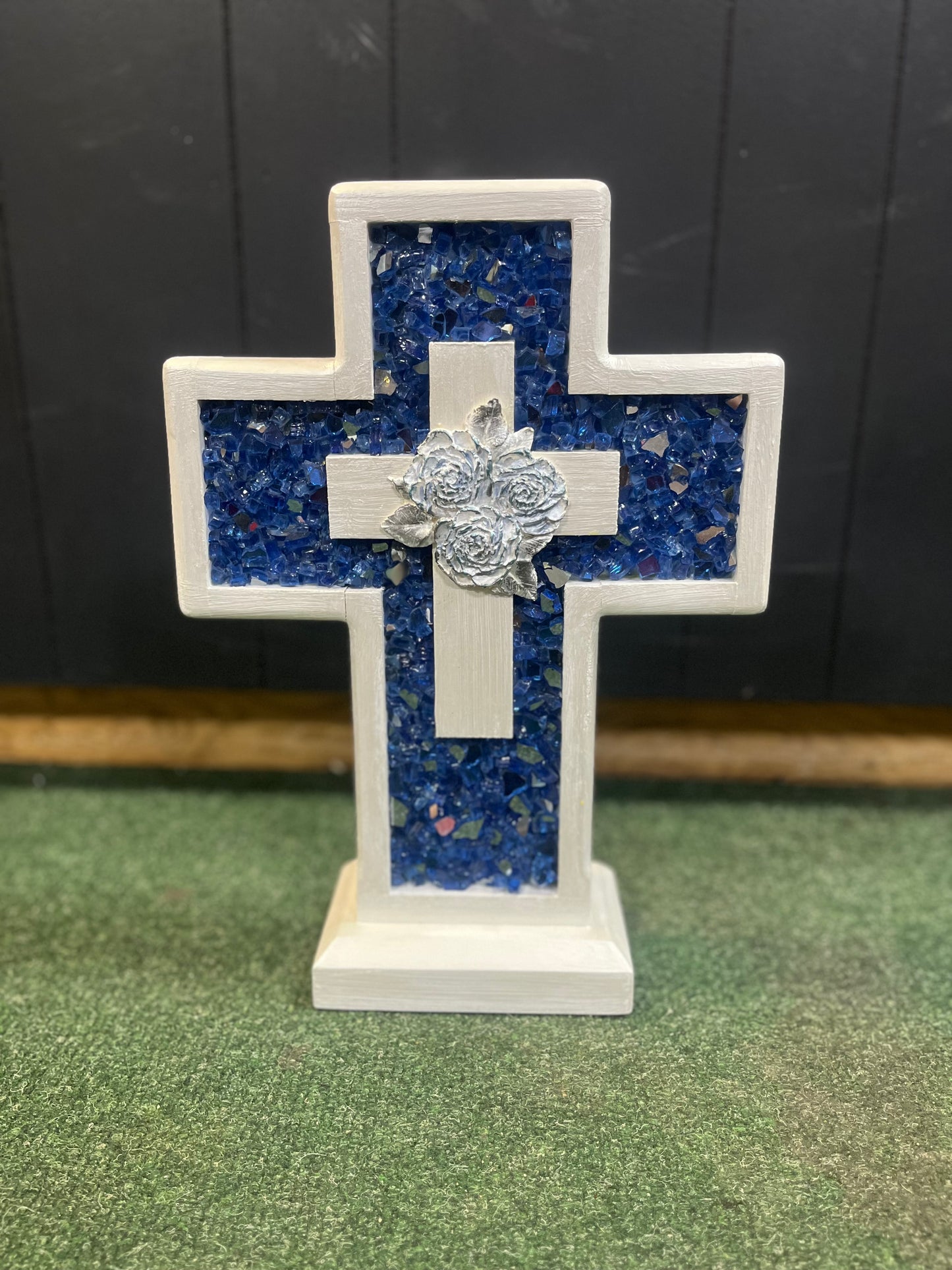 Handmade Wooden Cross- Small (Blue w flowers)