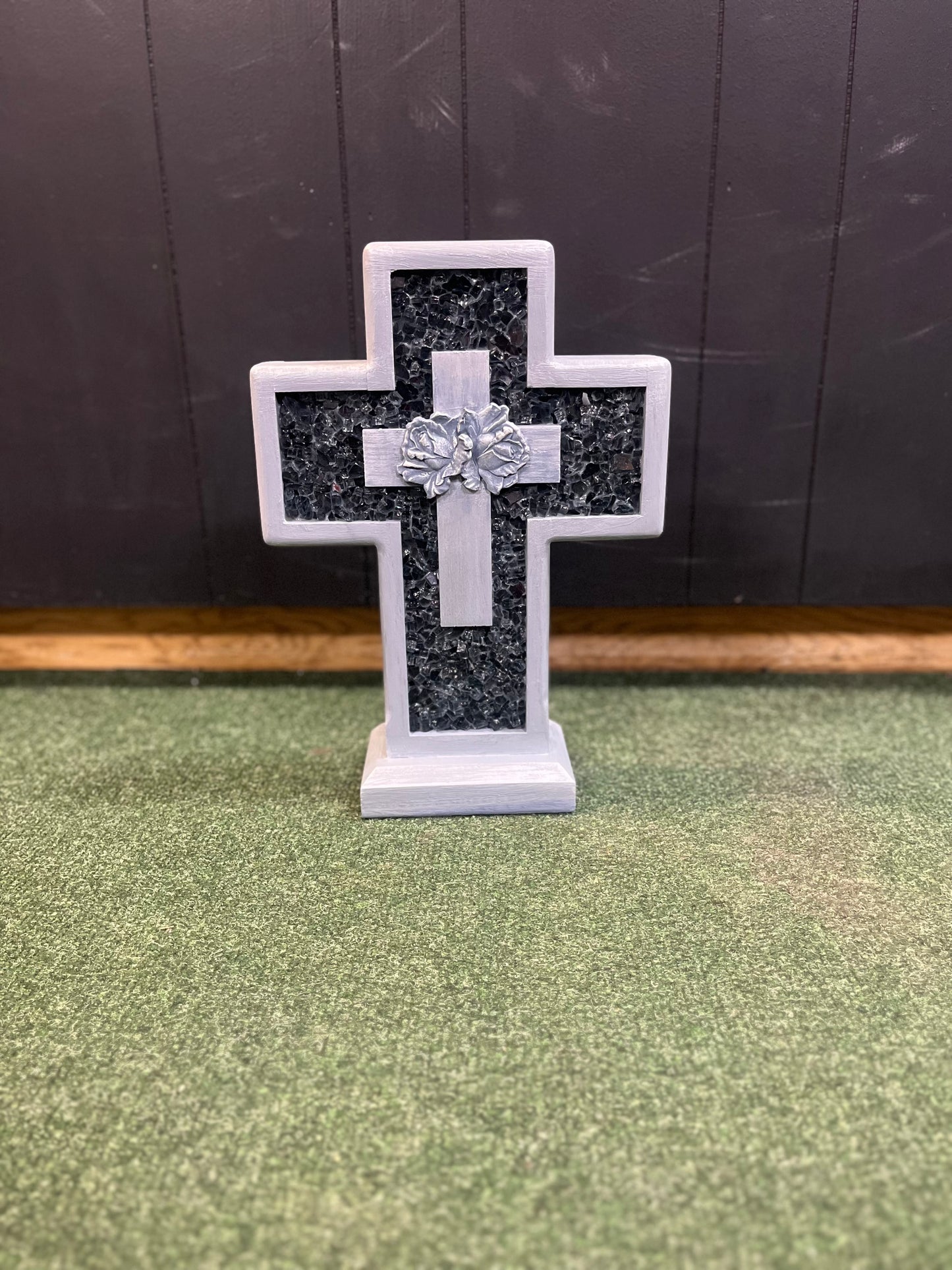 Handmade Wooden Cross- Small Gray w flowers