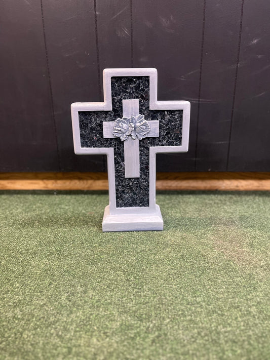Handmade Wooden Cross- Small Gray w flowers