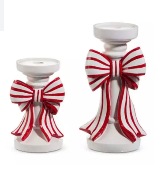 RAZ Red and White Stripe Bow Candle Holder (Set)