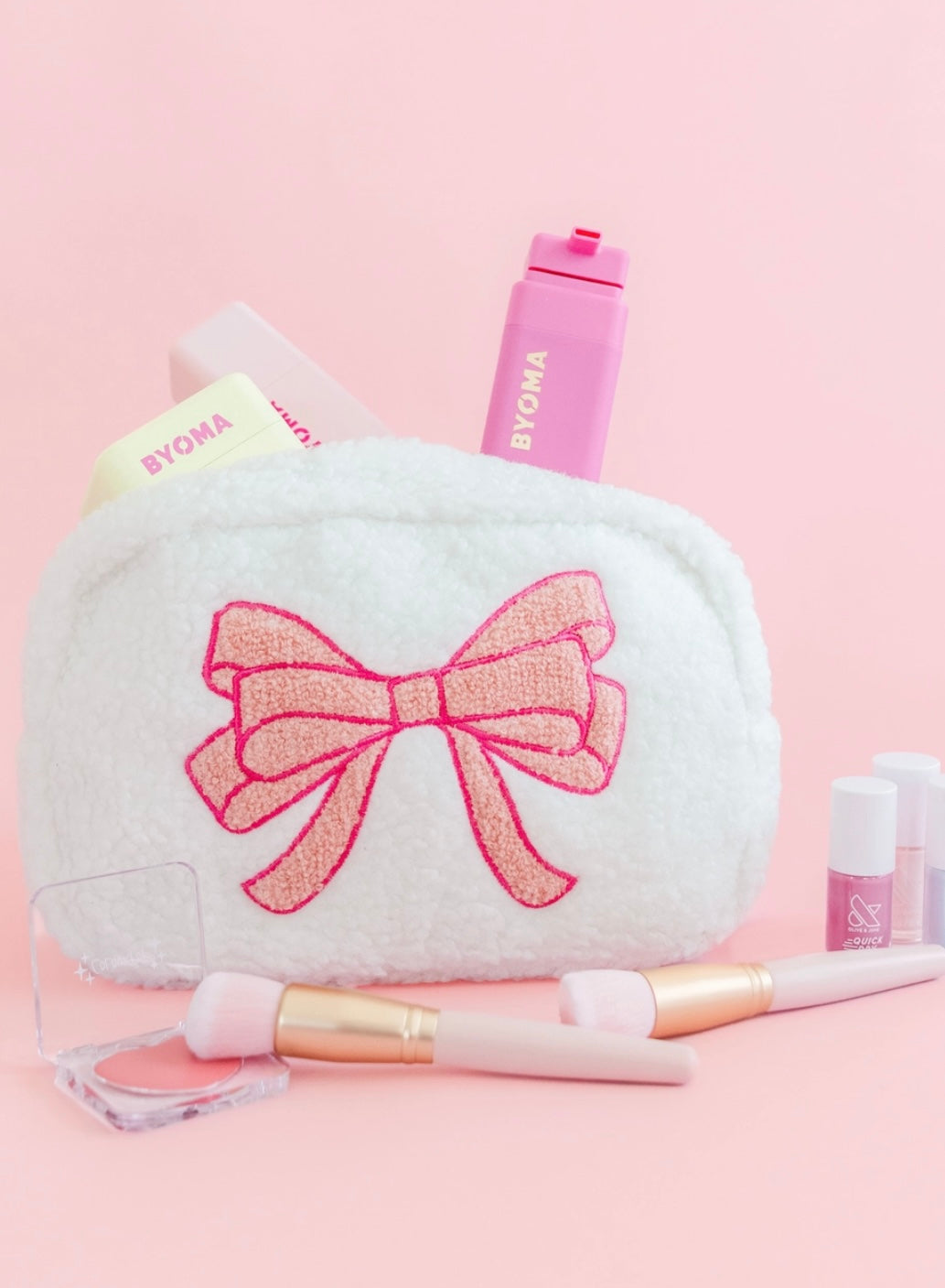 Plush Cosmetic Bag with Embroidered Pink Bow - Large