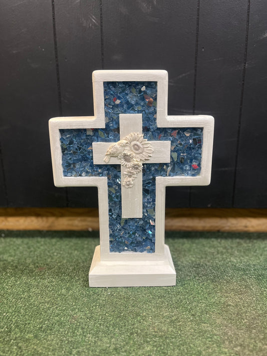 Handmade Wooden Cross- Small Blue w Sunflower and Bird