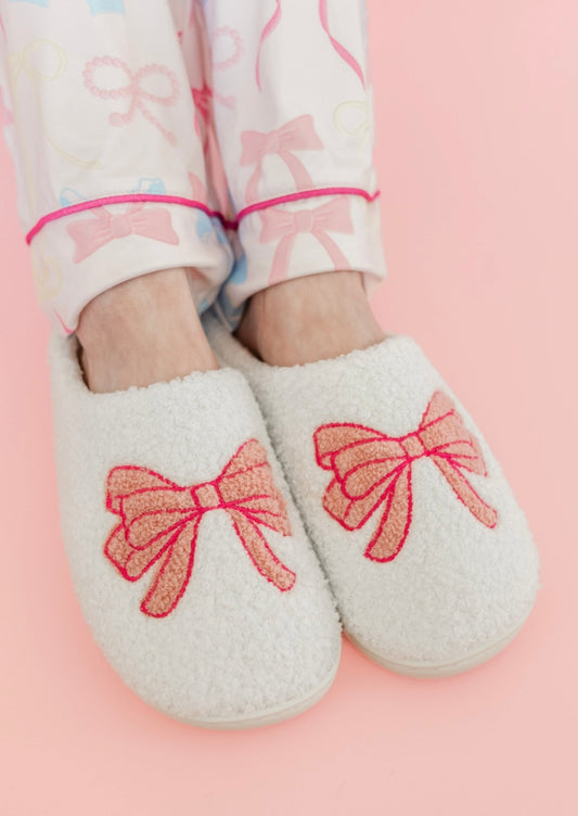 Fuzzy Plush Slippers with Pink Bow - Large