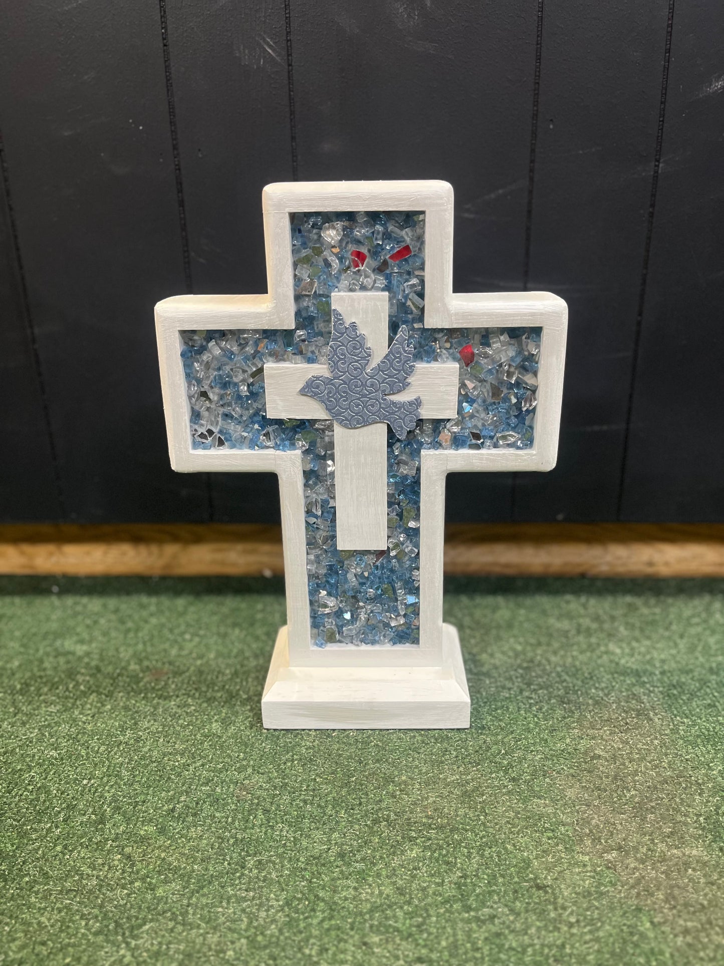 Handmade Wooden Cross- Small Blue and White w Bird