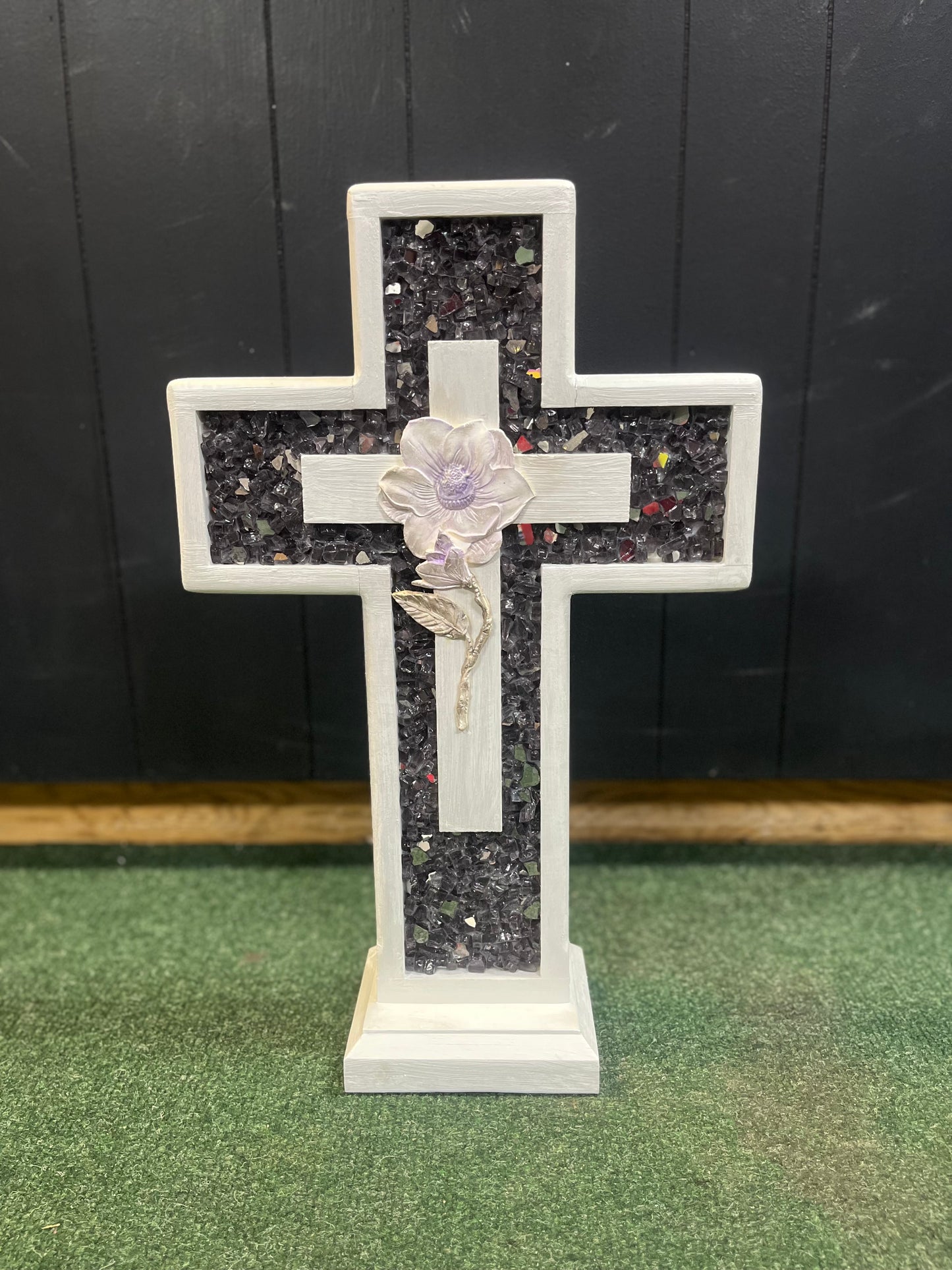 Handmade Wooden Cross- Medium Purple w Flower