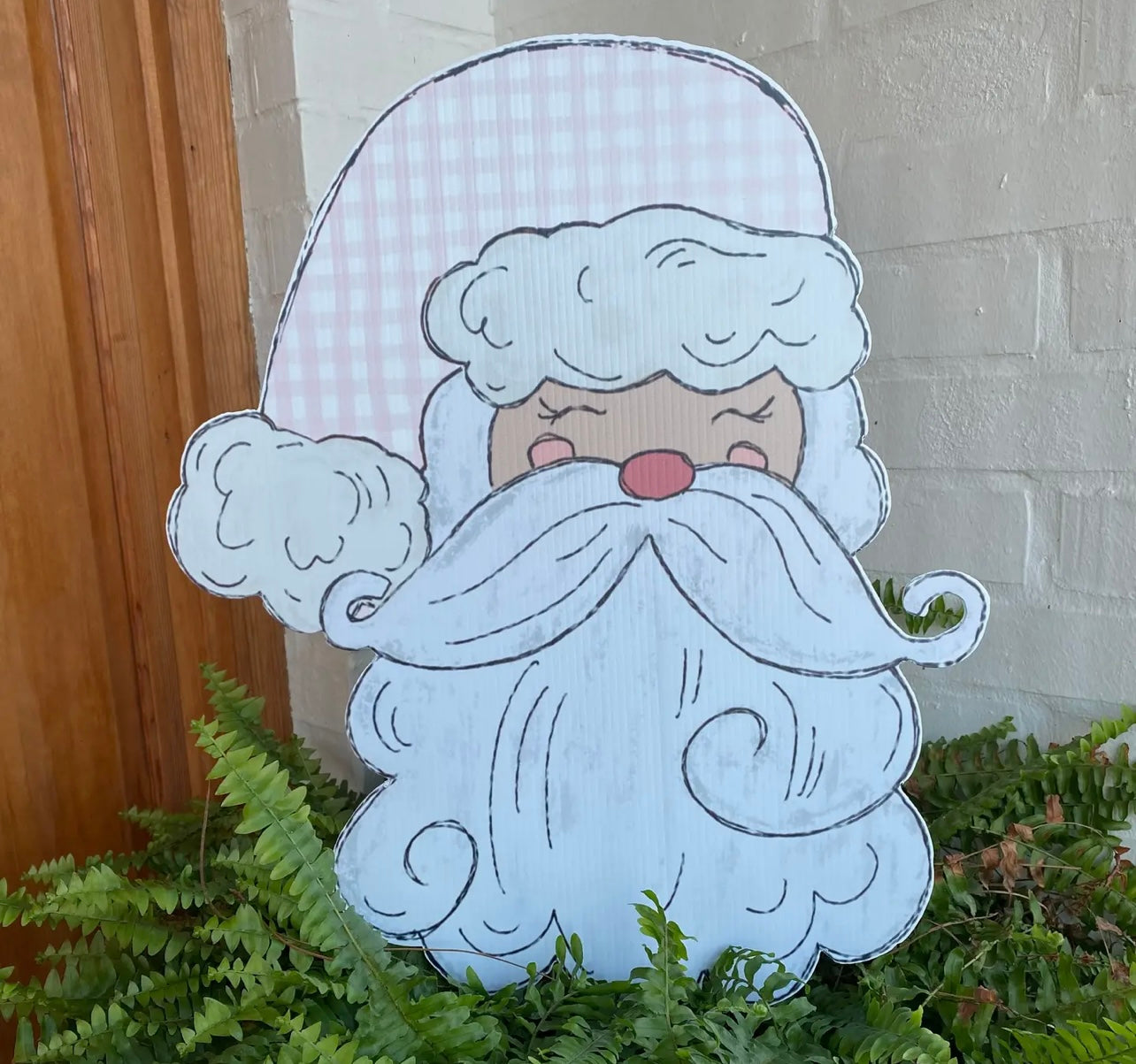 Lovely Reese Gingham Santa Pink Flower Pot Sign
