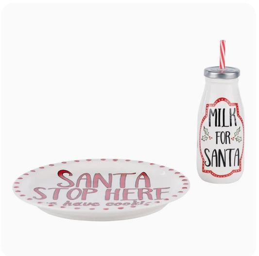 Santa Stop Here Plate and Milk Bottle