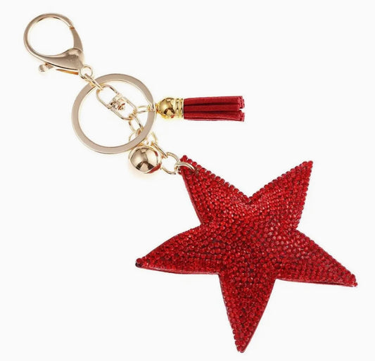 Rhinestone Studded Puffer Star Keychain - Red
