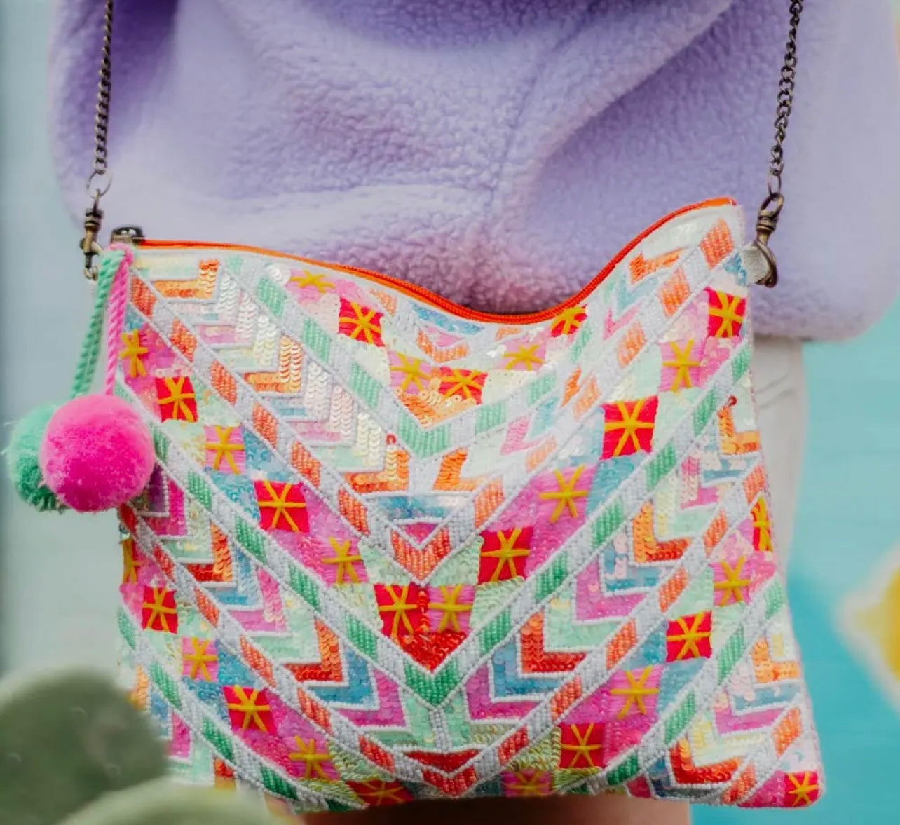 Multicolored Sequined Arrow Women Clutch Bag