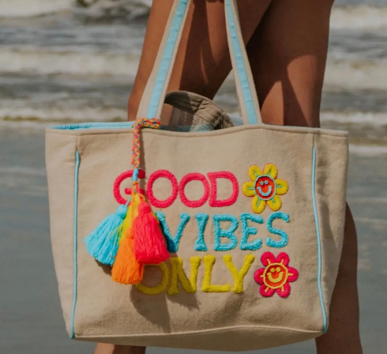 Good Vibed Only Happy Flowers Canvas Tote Bag
