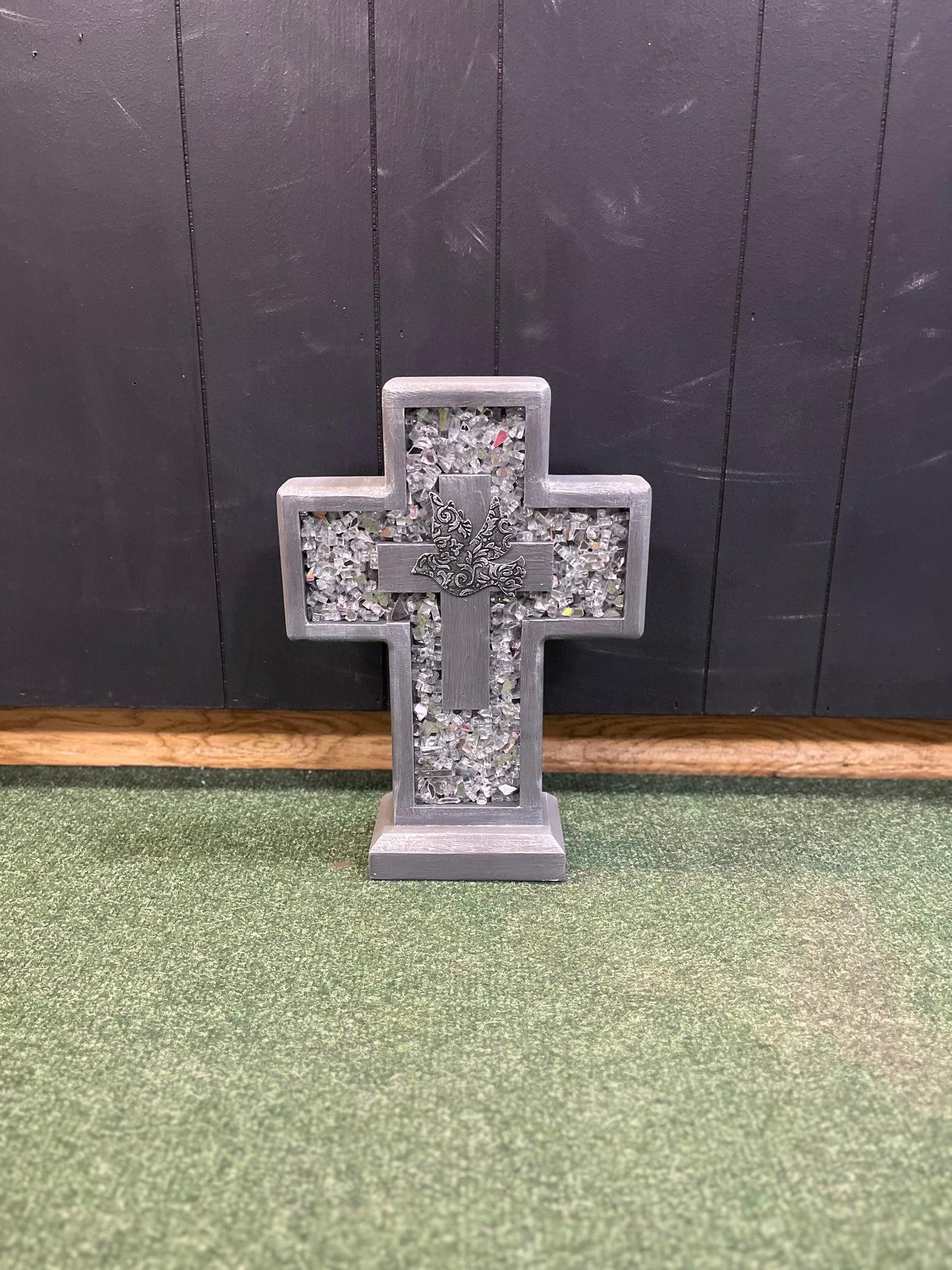 Handmade Wooden Cross- Small  Gray w Bird
